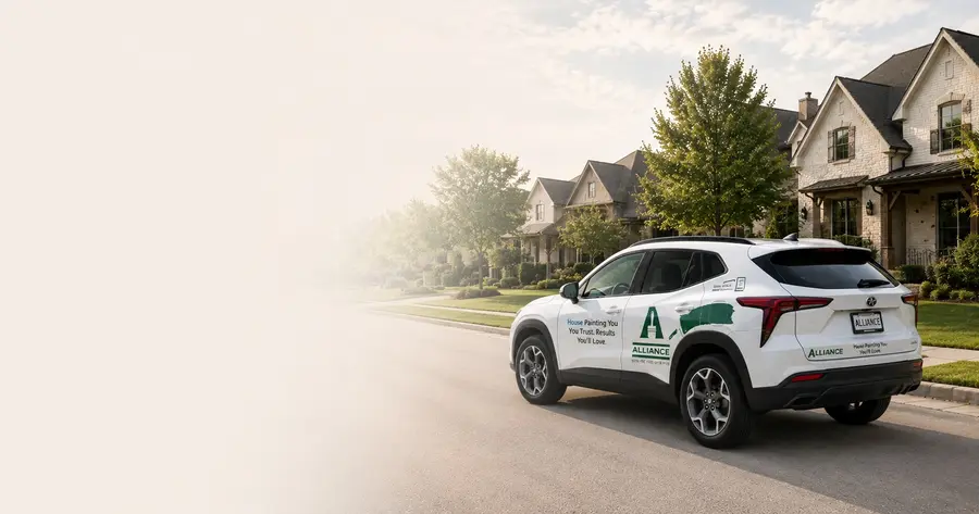 An Alliance Painting vehicle on a Dallas–Fort Worth residential street, its livery reading “Painting You Can Trust. Results You’ll Love.”