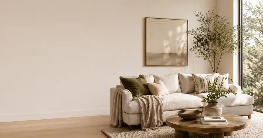 A softly lit living room with cream walls, a pale sofa and a tall window