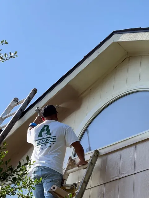 A painter on a ladder cutting in the fascia under a gable end against a clear sky
