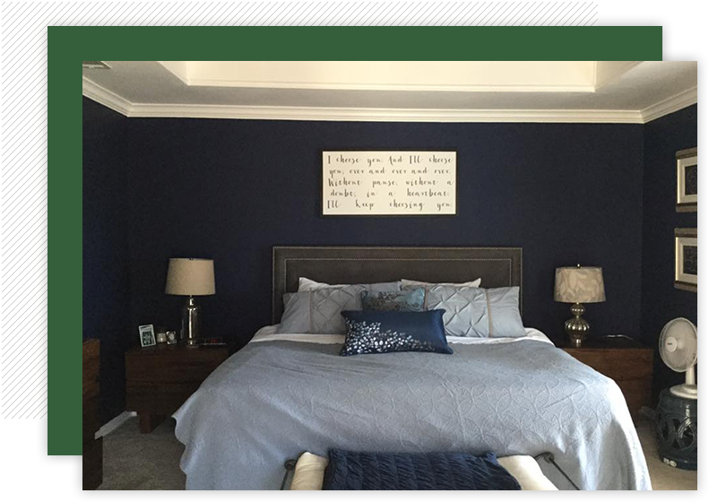 Beautiful master bedroom with royal blue walls